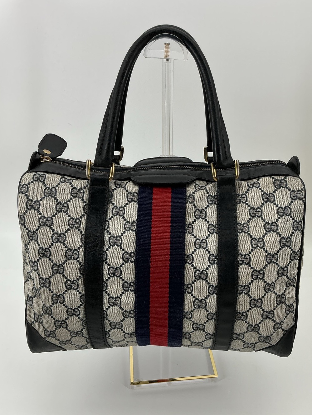 Vintage Gucci GG Supreme Web Boston Bag Navy Red Stripe Satchel Authentic COA